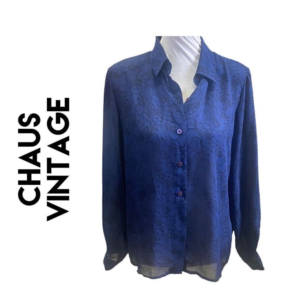 Chaus Vintage Blue & Black Semi Sheer Button Down Long Sleeve Blouse Size Medium